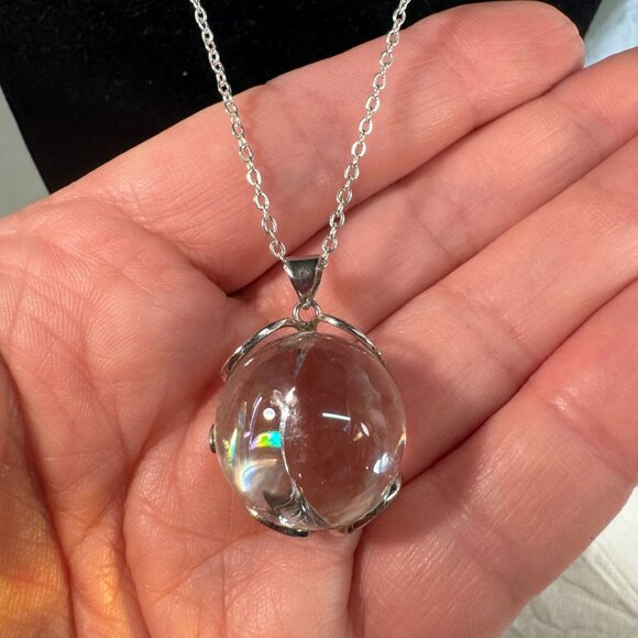 Healing Gems Jewelry - Rainbow Quartz Crystal Orb Pendant Necklace W/ Silver Chain Elegant Sphere